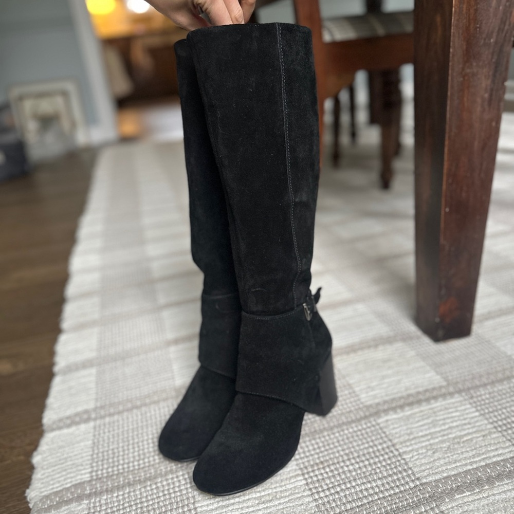 BCBG black suede tall boots, size 8, 3” heel